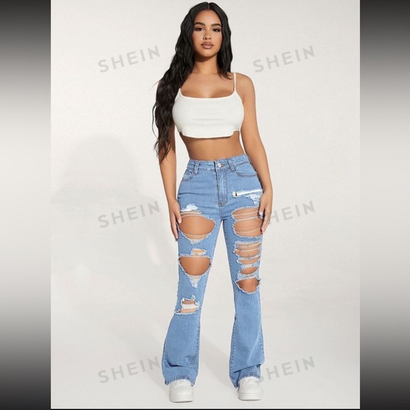 Shein high waisted ripped flared jeans in light wash blue. Size petite M/6 - Picture 3 of 13